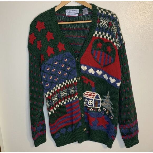 VINTAGE Heart Cardigan Sweater Large 80s Americana Granny Hand EmbroideredL - Picture 9 of 9